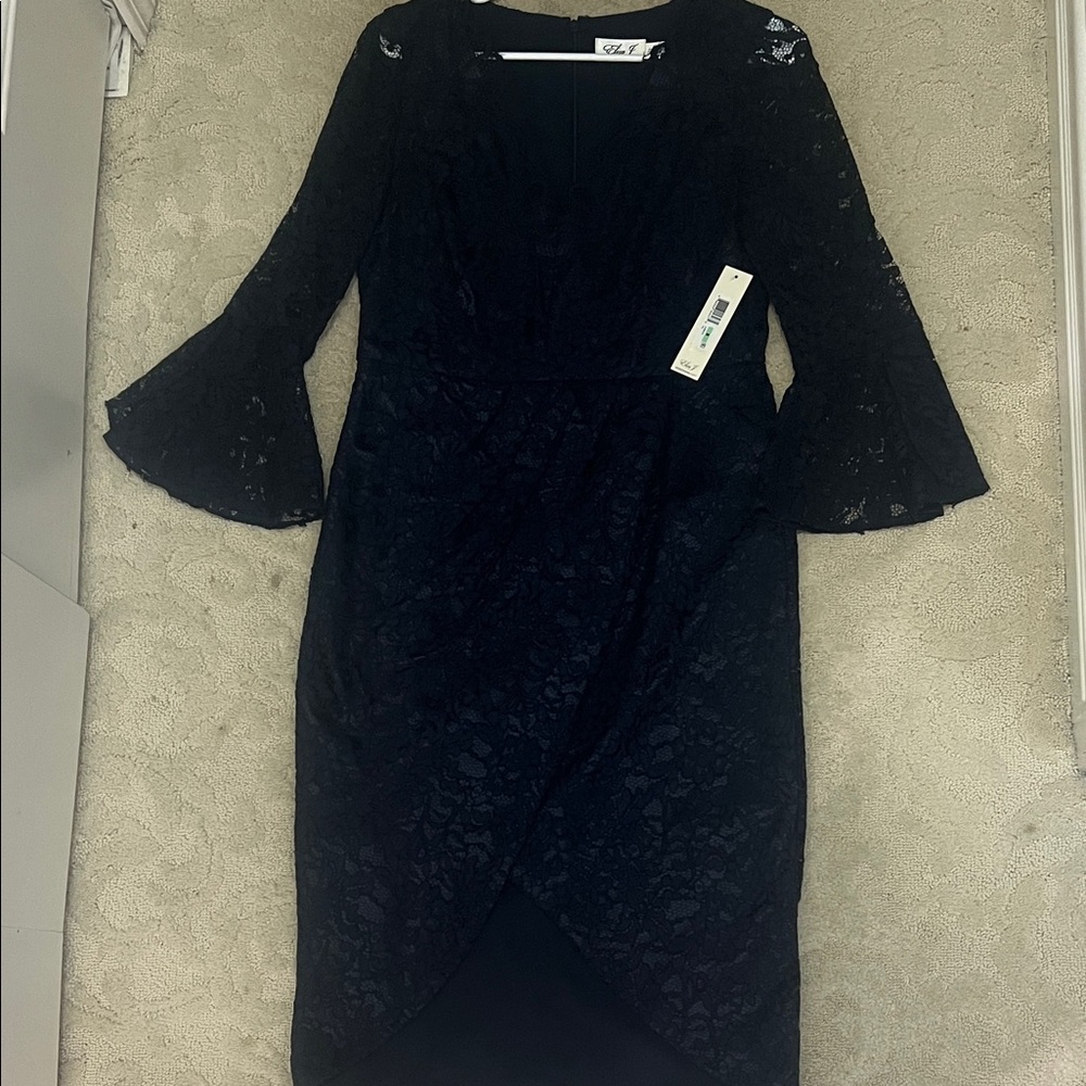 Navy Lace Dress with Bell Sleeves